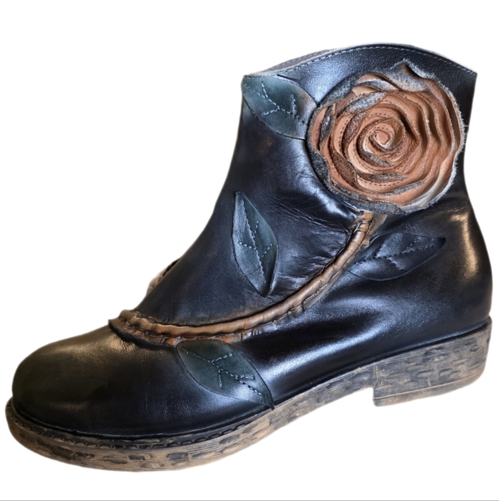 Socofy Black Leather Ankle Boots with 3D Rose & Leaf Appliqué SZ 42